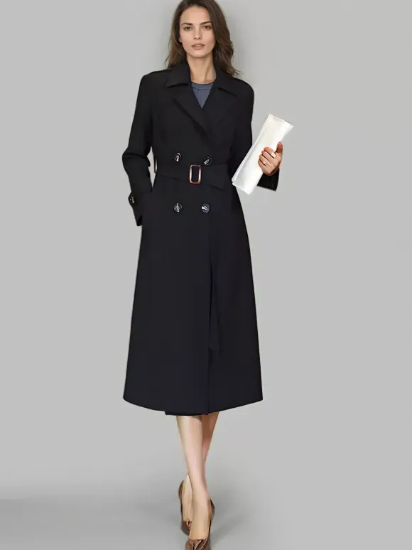 Women's Trench Coat Practical Buttons Turndown Collar Long Sleeves Polyester Lace-up