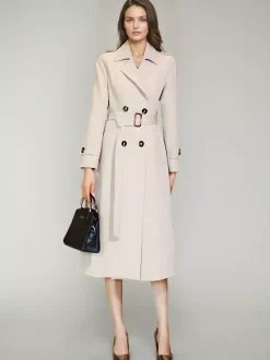 Women's Trench Coat Practical Buttons Turndown Collar Long Sleeves Polyester Lace-up