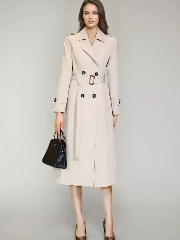 Women's Trench Coat Practical Buttons Turndown Collar Long Sleeves Polyester Lace-up