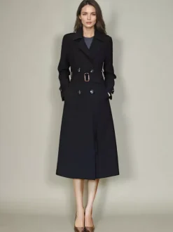 Women's Trench Coat Practical Buttons Turndown Collar Long Sleeves Polyester Lace-up