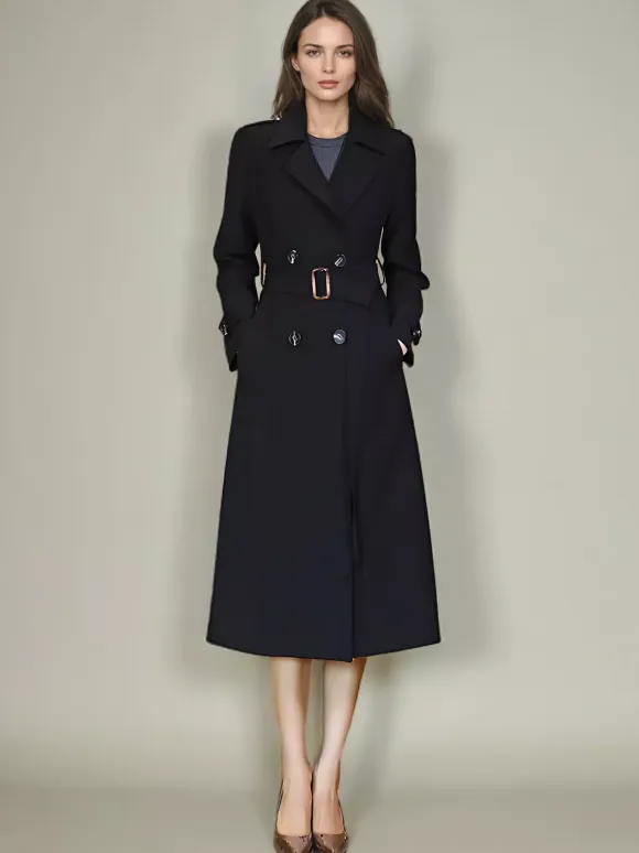 Women's Trench Coat Practical Buttons Turndown Collar Long Sleeves Polyester Lace-up