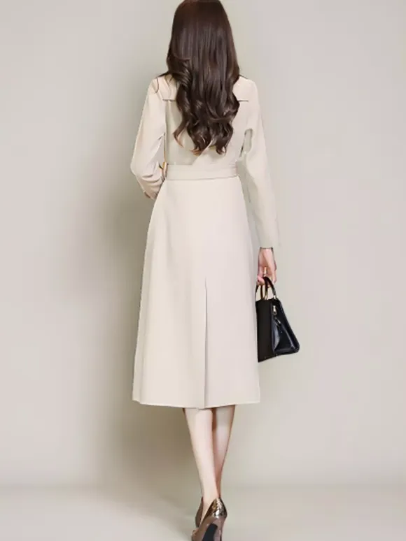 Women's Trench Coat Practical Buttons Turndown Collar Long Sleeves Polyester Lace-up