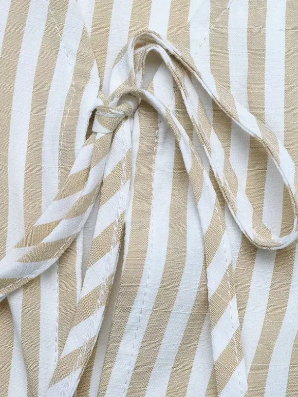 Women Striped Sleeveless V Neck Tie Front Vest Wide Leg Pants 2 Piece Linen Set