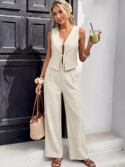 Women Striped Sleeveless V Neck Tie Front Vest Wide Leg Pants 2 Piece Linen Set