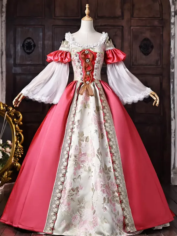 Womens Victorian Dress Off The Shoulder Long Sleeves Lace Trim Ball Gown Vintage Dress