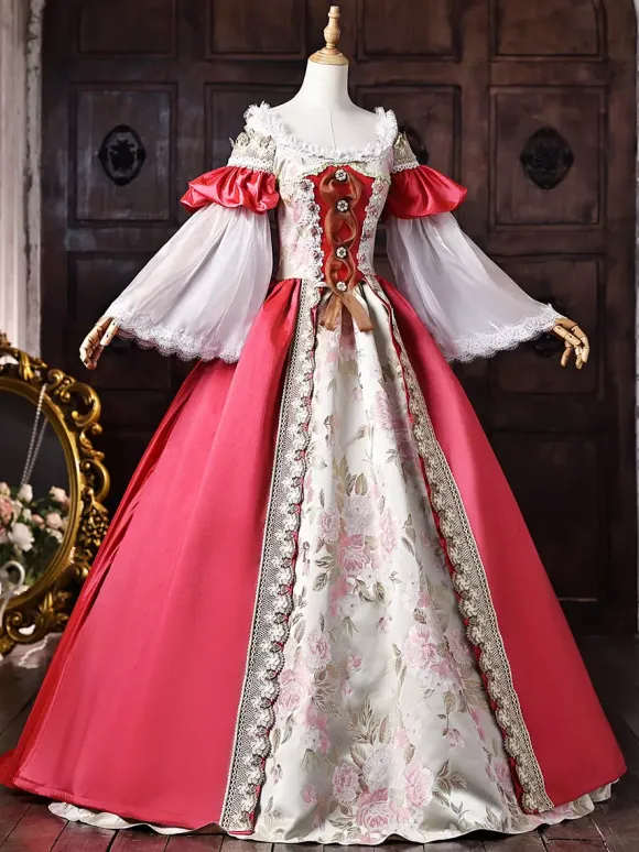 Womens Victorian Dress Off The Shoulder Long Sleeves Lace Trim Ball Gown Vintage Dress