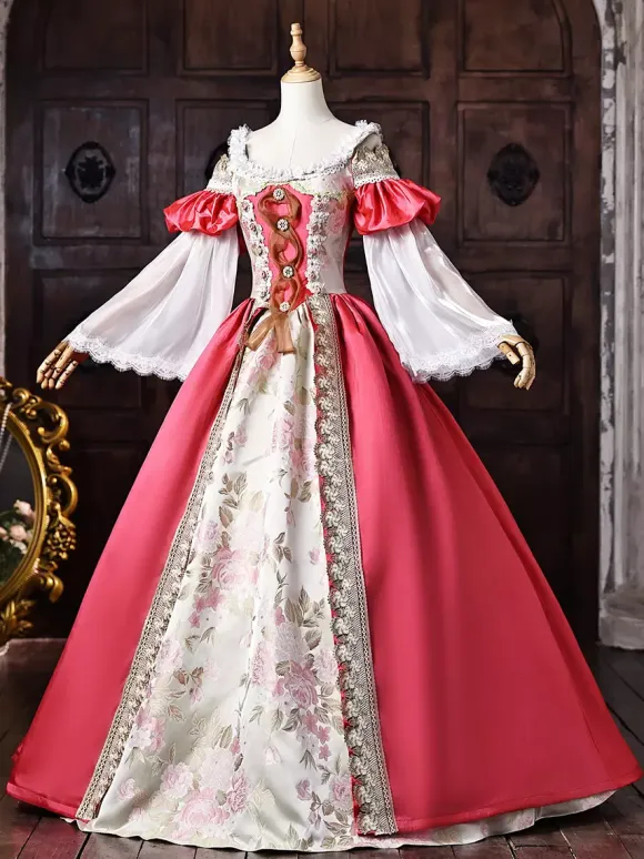 Womens Victorian Dress Off The Shoulder Long Sleeves Lace Trim Ball Gown Vintage Dress