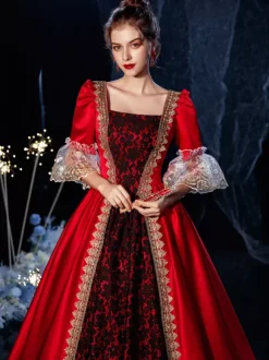 Women's Victorian Retro Tudor Dress Costumes Retro Ruffle Flare Half Sleeves Dress Vintage Dress Carnival Burgundy