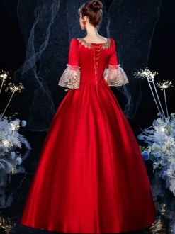Women's Victorian Retro Tudor Dress Costumes Retro Ruffle Flare Half Sleeves Dress Vintage Dress Carnival Burgundy