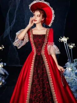 Women's Victorian Retro Tudor Dress Costumes Retro Ruffle Flare Half Sleeves Dress Vintage Dress Carnival Burgundy