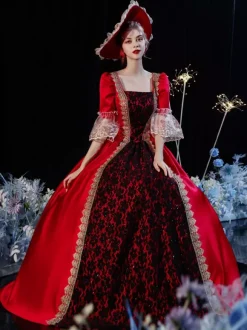 Women's Victorian Retro Tudor Dress Costumes Retro Ruffle Flare Half Sleeves Dress Vintage Dress Carnival Burgundy