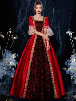 Women's Victorian Retro Tudor Dress Costumes Retro Ruffle Flare Half Sleeves Dress Vintage Dress Carnival Burgundy