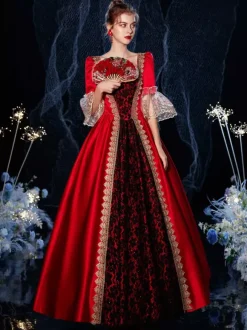 Women's Victorian Retro Tudor Dress Costumes Retro Ruffle Flare Half Sleeves Dress Vintage Dress Carnival Burgundy