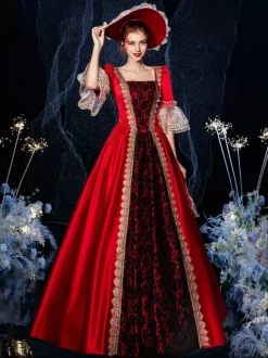Women's Victorian Retro Tudor Dress Costumes Retro Ruffle Flare Half Sleeves Dress Vintage Dress Carnival Burgundy