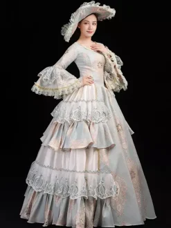 Women's Vintage Rococo Dress Lace Trim Flared Sleeves Ruffles Long Ball Gown Dress