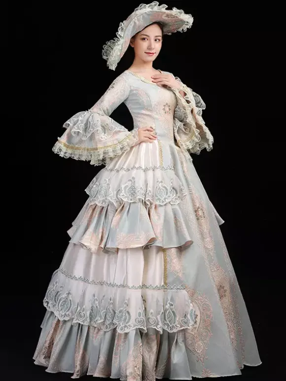 Women's Vintage Rococo Dress Lace Trim Flared Sleeves Ruffles Long Ball Gown Dress