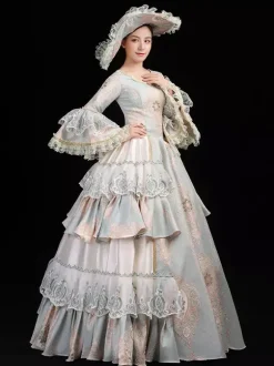 Women's Vintage Rococo Dress Lace Trim Flared Sleeves Ruffles Long Ball Gown Dress