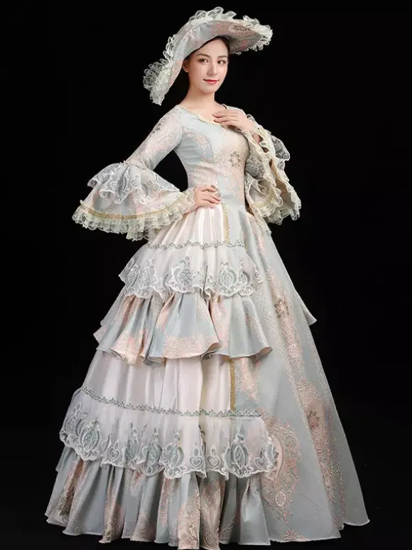 Women's Vintage Rococo Dress Lace Trim Flared Sleeves Ruffles Long Ball Gown Dress