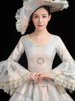 Women's Vintage Rococo Dress Lace Trim Flared Sleeves Ruffles Long Ball Gown Dress