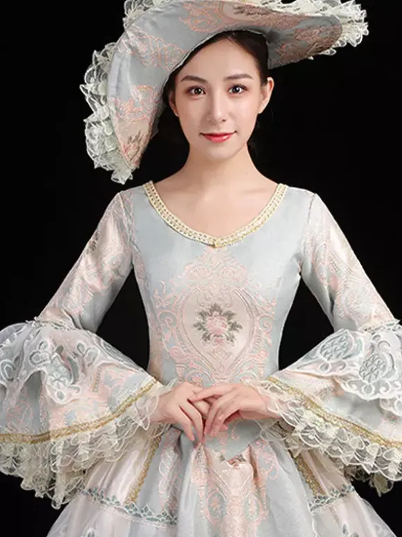 Women's Vintage Rococo Dress Lace Trim Flared Sleeves Ruffles Long Ball Gown Dress