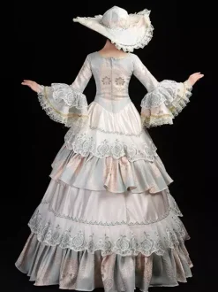 Women's Vintage Rococo Dress Lace Trim Flared Sleeves Ruffles Long Ball Gown Dress