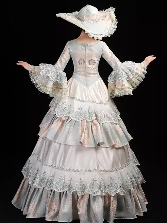 Women's Vintage Rococo Dress Lace Trim Flared Sleeves Ruffles Long Ball Gown Dress