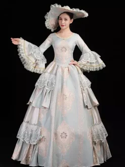 Women's Vintage Rococo Dress Lace Trim Flared Sleeves Ruffles Long Ball Gown Dress