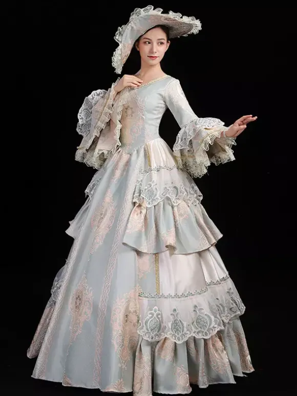 Women's Vintage Rococo Dress Lace Trim Flared Sleeves Ruffles Long Ball Gown Dress