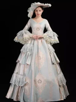 Women's Vintage Rococo Dress Lace Trim Flared Sleeves Ruffles Long Ball Gown Dress