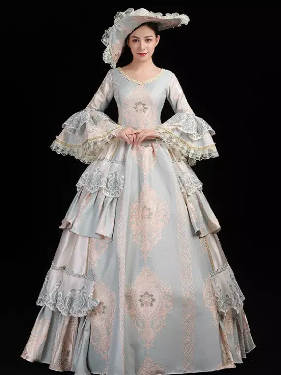 Women's Vintage Rococo Dress Lace Trim Flared Sleeves Ruffles Long Ball Gown Dress