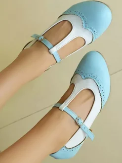 Women's Vintage Shoes Round Toe T Strap Chunky Heel Pumps
