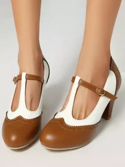 Women's Vintage Shoes Round Toe T Strap Chunky Heel Pumps