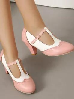 Women's Vintage Shoes Round Toe T Strap Chunky Heel Pumps