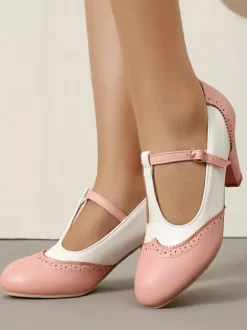 Women's Vintage Shoes Round Toe T Strap Chunky Heel Pumps