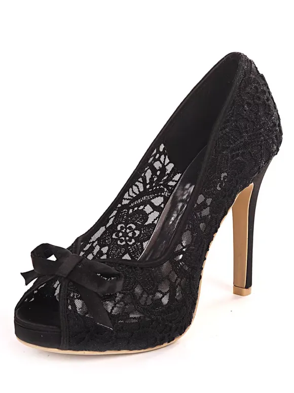 Women's Wedding Lace Bows Peep Toe Stiletto Heel Bridal Shoes