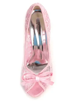 Women's Wedding Lace Bows Peep Toe Stiletto Heel Bridal Shoes