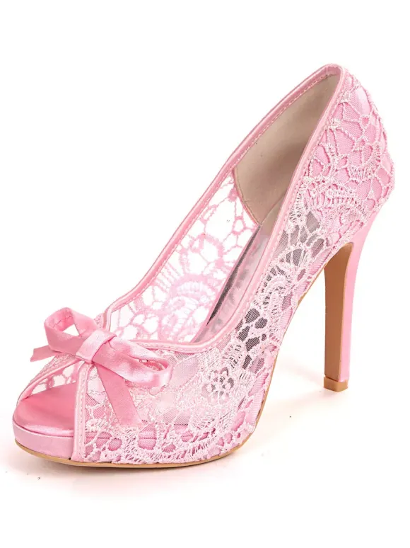 Women's Wedding Lace Bows Peep Toe Stiletto Heel Bridal Shoes
