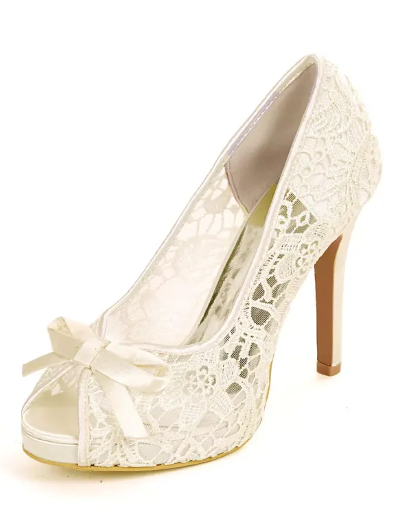 Women's Wedding Lace Bows Peep Toe Stiletto Heel Bridal Shoes