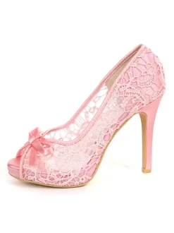 Women's Wedding Lace Bows Peep Toe Stiletto Heel Bridal Shoes