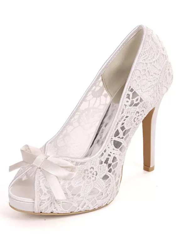 Women's Wedding Lace Bows Peep Toe Stiletto Heel Bridal Shoes