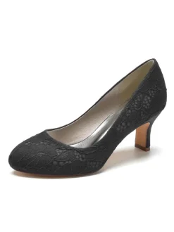 Women's Wedding Shoes Lace Round Toe Chunky Heel Pumps