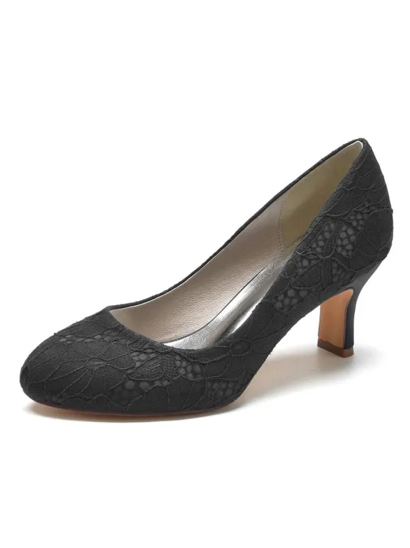 Women's Wedding Shoes Lace Round Toe Chunky Heel Pumps