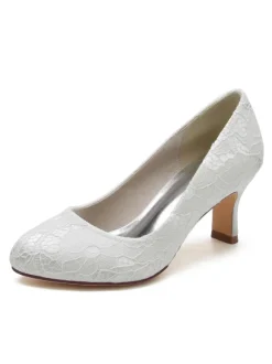 Women's Wedding Shoes Lace Round Toe Chunky Heel Pumps