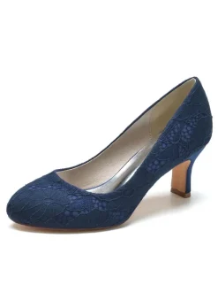 Women's Wedding Shoes Lace Round Toe Chunky Heel Pumps