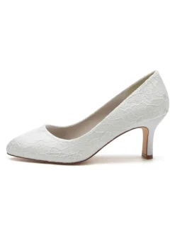 Women's Wedding Shoes Lace Round Toe Chunky Heel Pumps