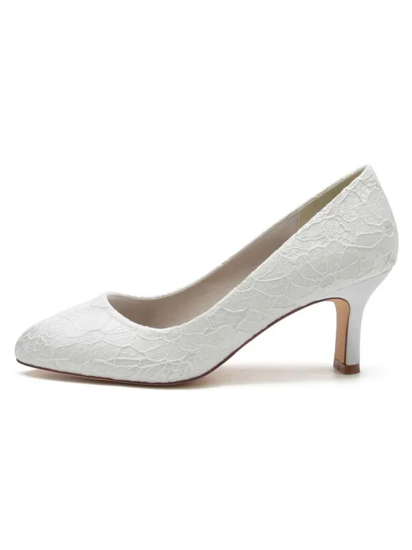Women's Wedding Shoes Lace Round Toe Chunky Heel Pumps