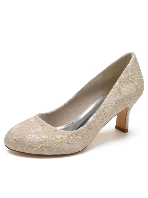 Women's Wedding Shoes Lace Round Toe Chunky Heel Pumps