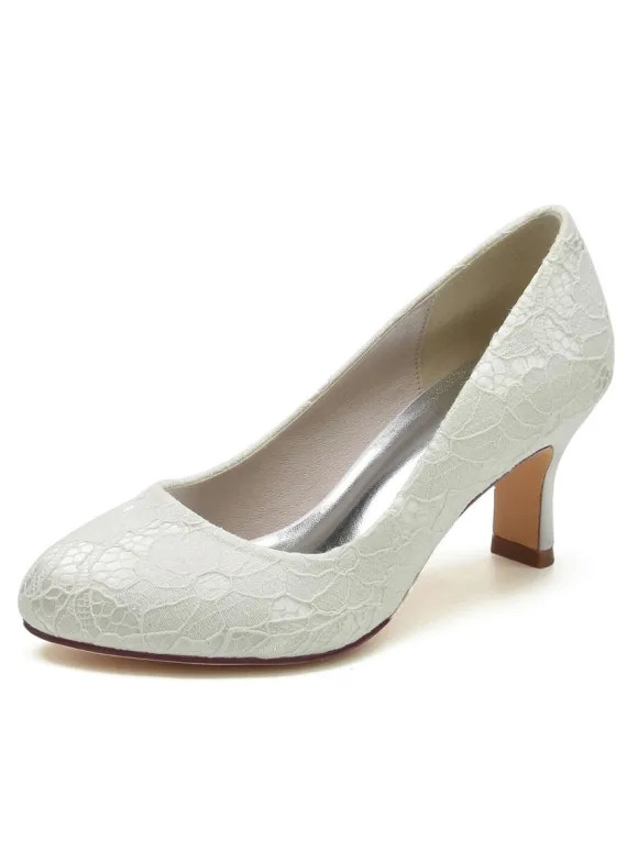 Women's Wedding Shoes Lace Round Toe Chunky Heel Pumps