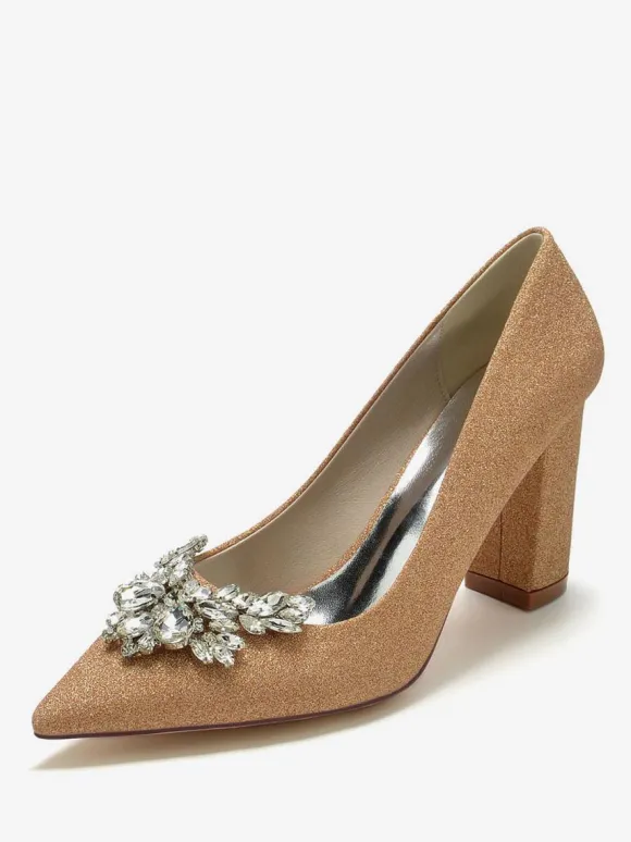 Women's Wedding Shoes Rhinestones Pointed Toe Chunky Heel Bridal Shoes