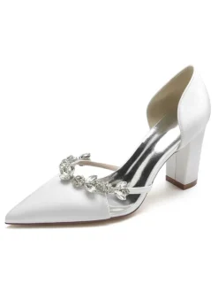 Women's Wedding Shoes Rhinestones Dorsay Chunky Heel Pumps in Satin